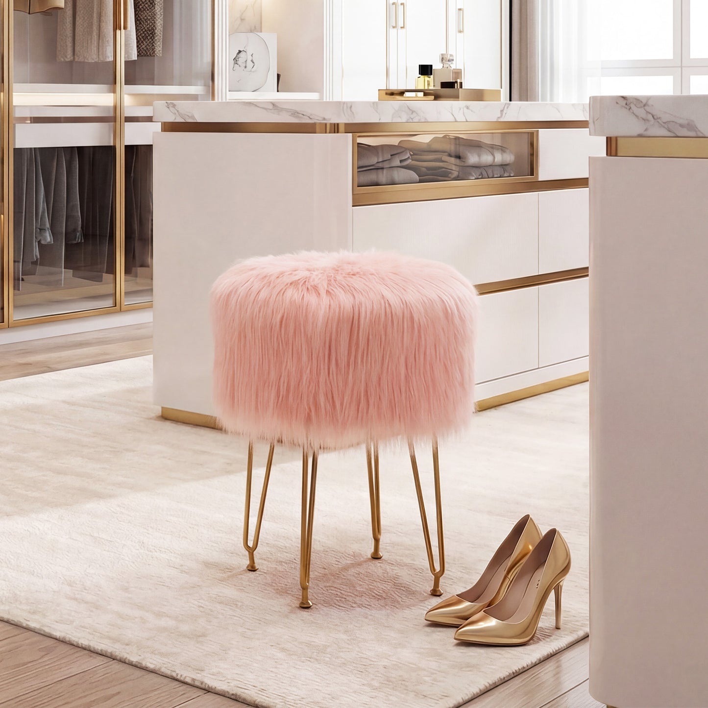 Faux Fur Vanity Stool Chair with Metal Legs for Bedroom and Living Room-Pink