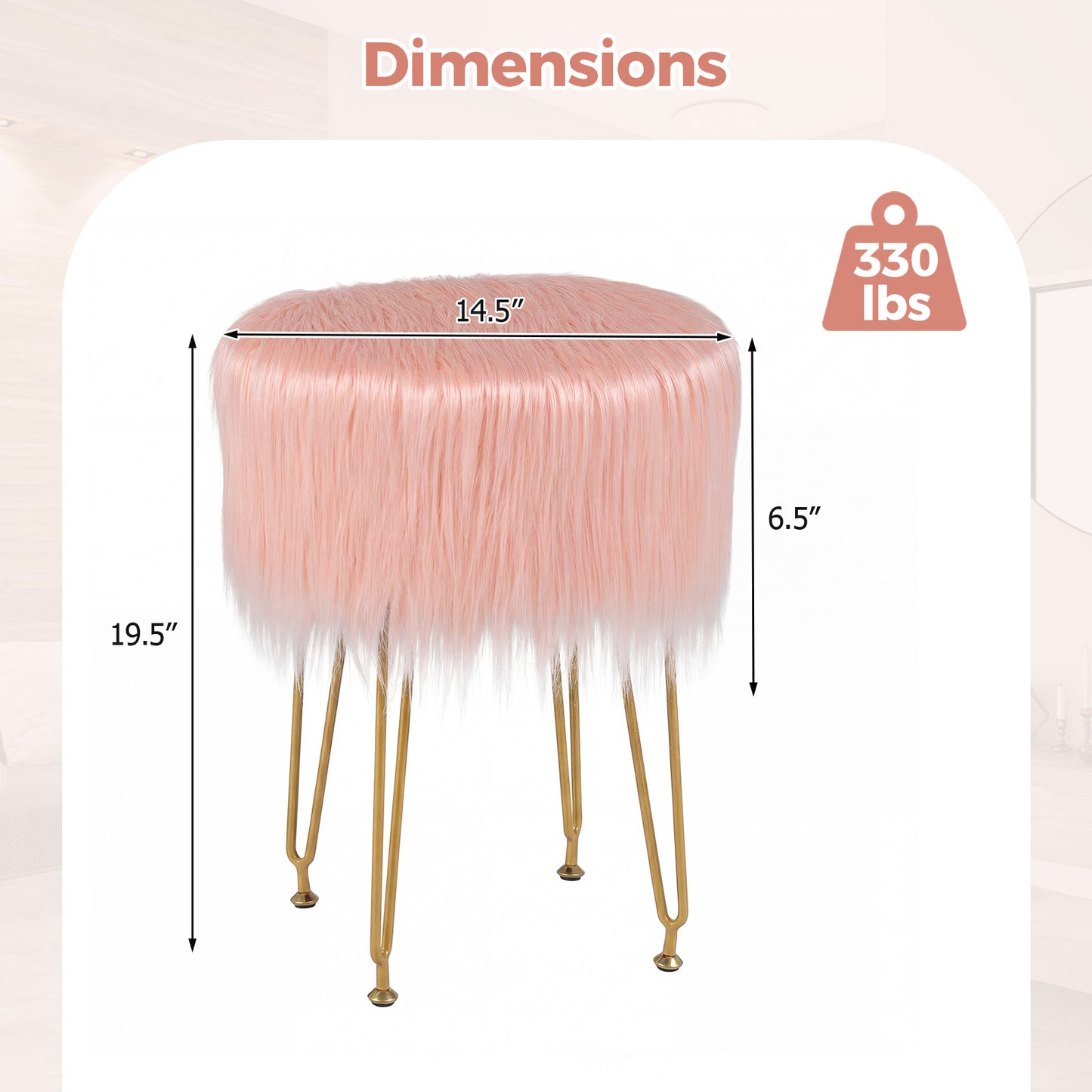 Faux Fur Vanity Stool Chair with Metal Legs for Bedroom and Living Room-Pink