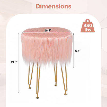 Faux Fur Vanity Stool Chair with Metal Legs for Bedroom and Living Room-Pink