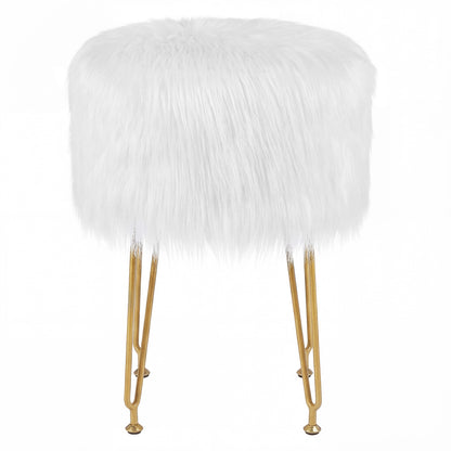 Faux Fur Vanity Stool Chair with Metal Legs for Bedroom and Living Room-White