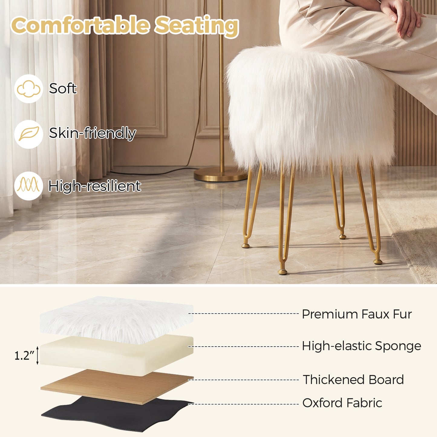 Faux Fur Vanity Stool Chair with Metal Legs for Bedroom and Living Room-White