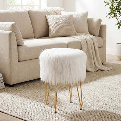 Faux Fur Vanity Stool Chair with Metal Legs for Bedroom and Living Room-White