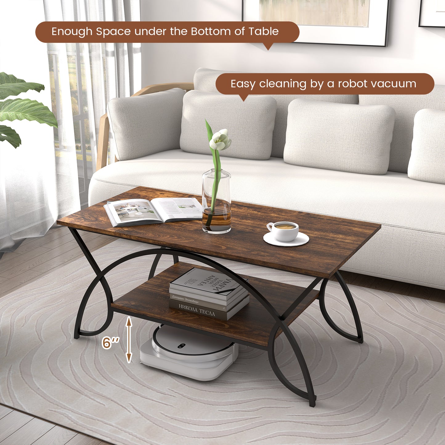 2-Tier Rectangle Coffee Table with Marble Pattern Top