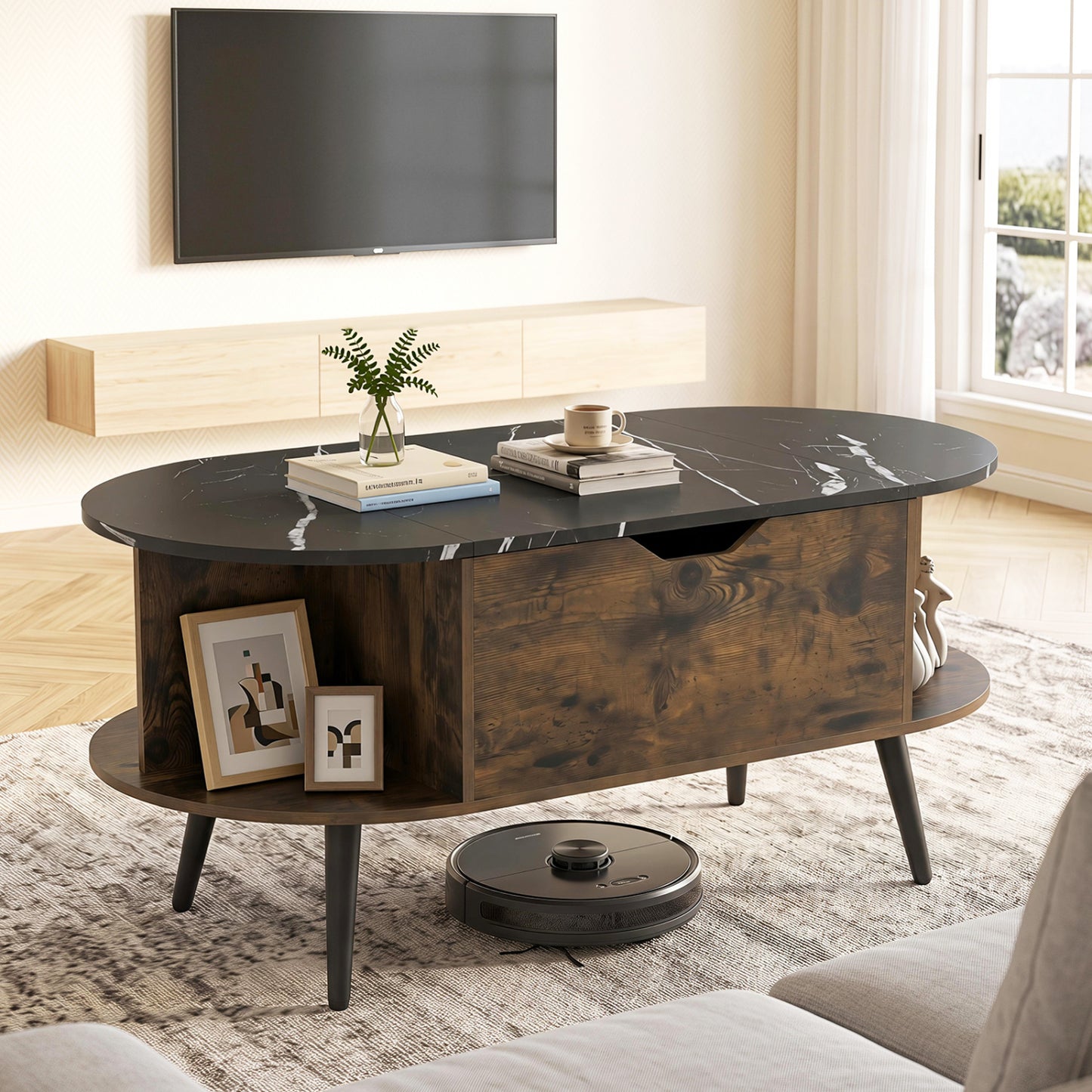 Lift Top Coffee Table with Hidden Compartment and Shelves