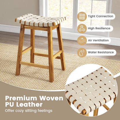 Faux PU Leather Bar Stools Set of 2 with Woven Curved Seat Natural
