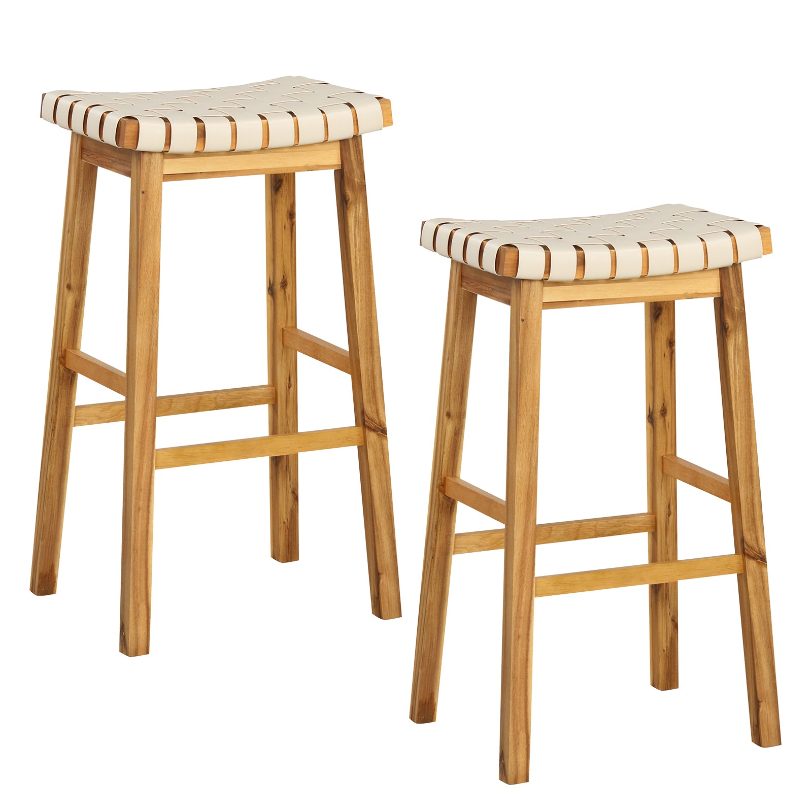 Faux PU Leather Bar Stools Set of 2 with Woven Curved Seat Natural-31 inches - 31 Inches