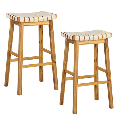Faux PU Leather Bar Stools Set of 2 with Woven Curved Seat Natural-31 inches - 31 Inches