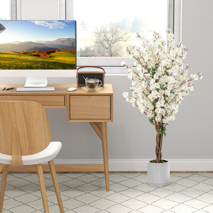 Faux Plum Blossom Plant with White Fabric Flower and Solid Wood Trunk-White