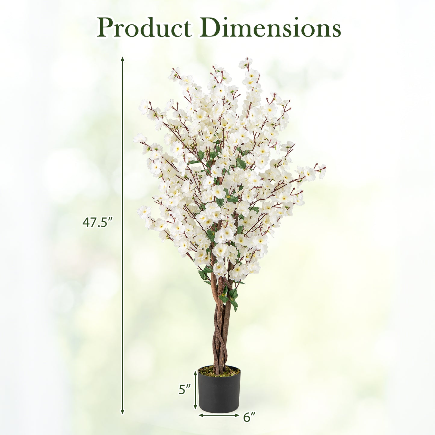 Faux Plum Blossom Plant with White Fabric Flower and Solid Wood Trunk-White