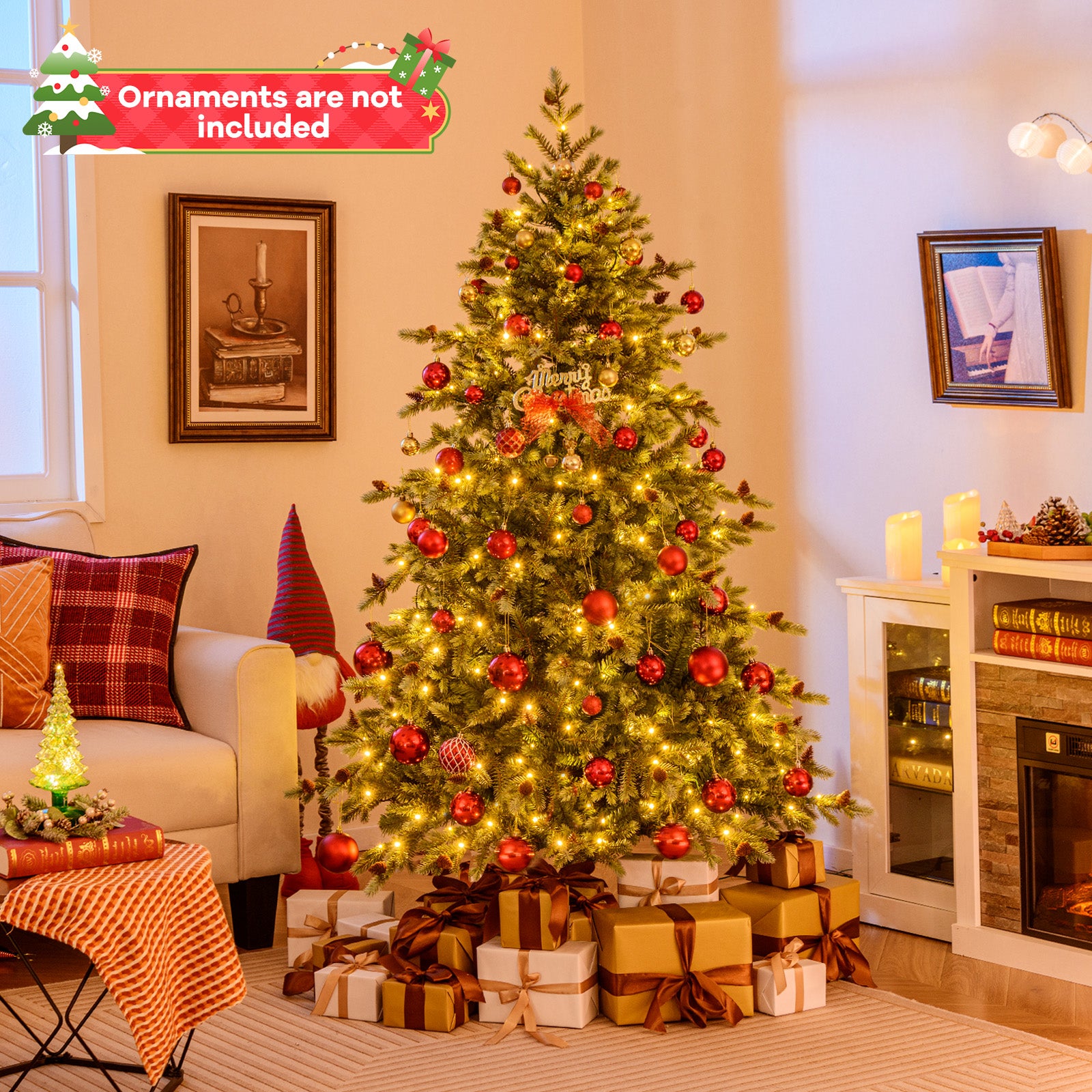 6/7/8 Feet Christmas Tree with Warm White LED Lights and Pine Cones-6 ft