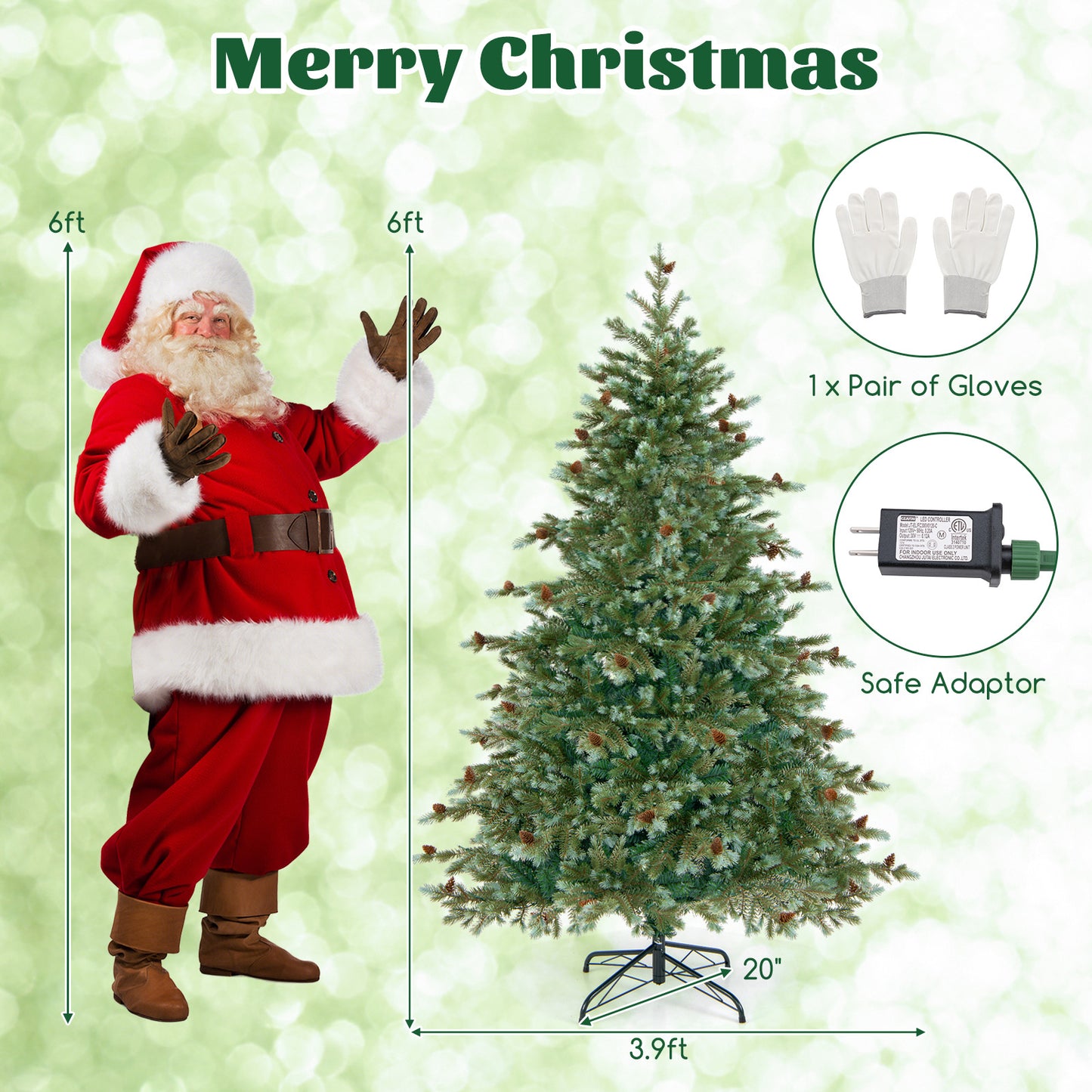 6/7/8 Feet Christmas Tree with Warm White LED Lights and Pine Cones-6 ft