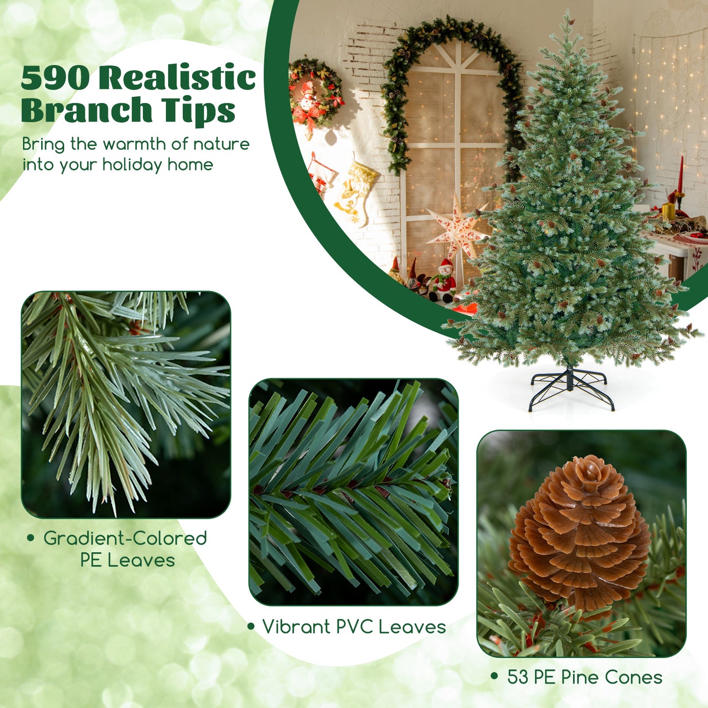 6/7/8 Feet Christmas Tree with Warm White LED Lights and Pine Cones-6 ft