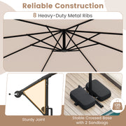 10 Feet Solar Offset Hanging Umbrella with Base and LED Lights-Beige