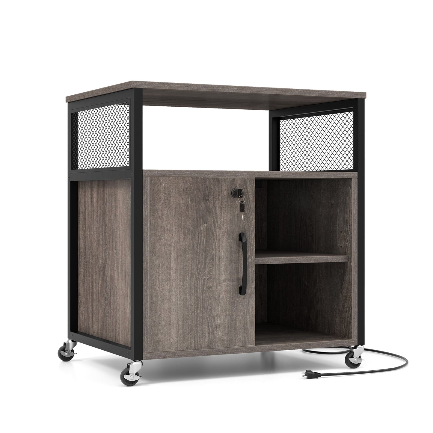 File Cabinet on Wheels with Charging Station and Cable Management Hole-Gray - Gray