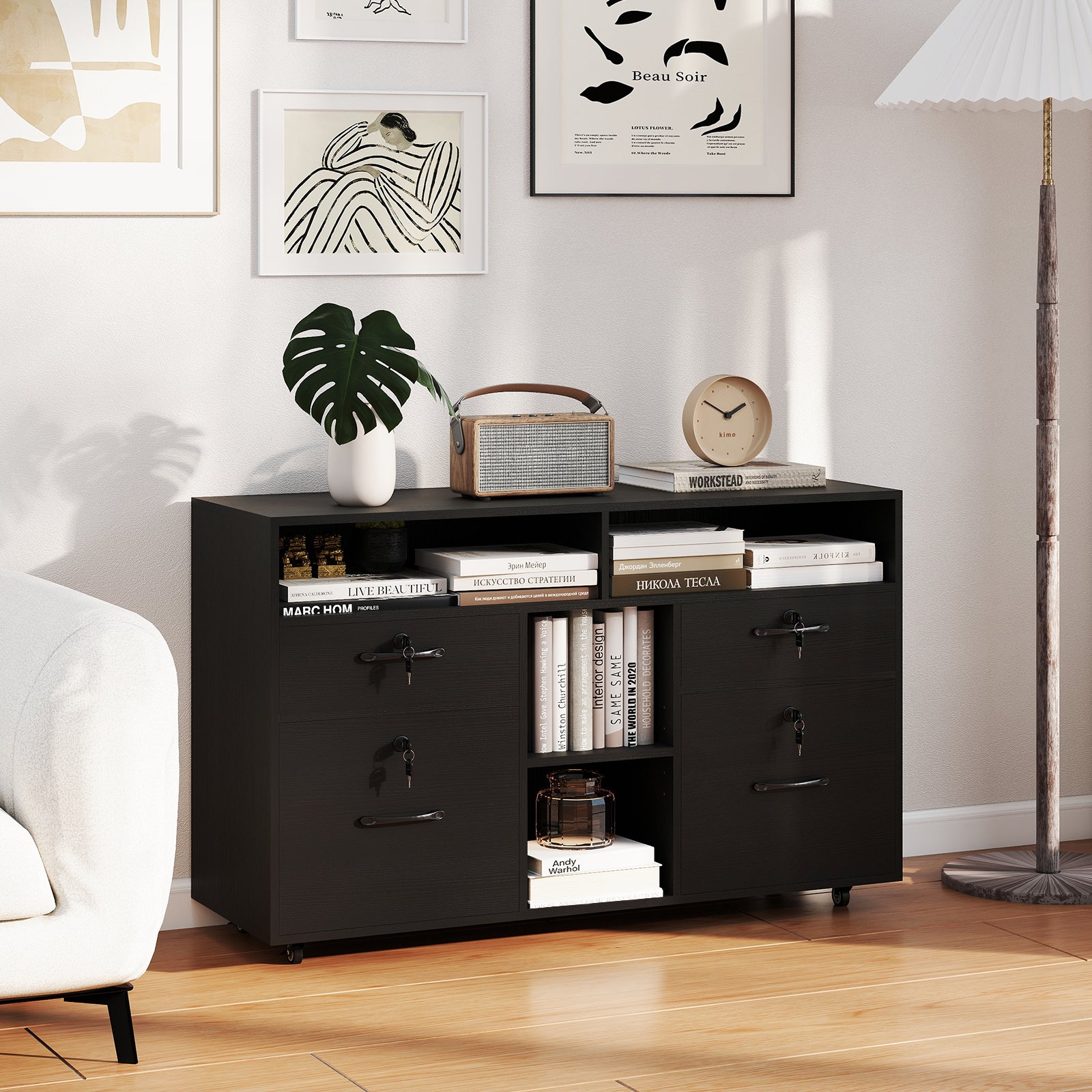 File Cabinet with Lock Mobile Lateral Filing Storage Organizer Modern Rolling Printer Stand-Black
