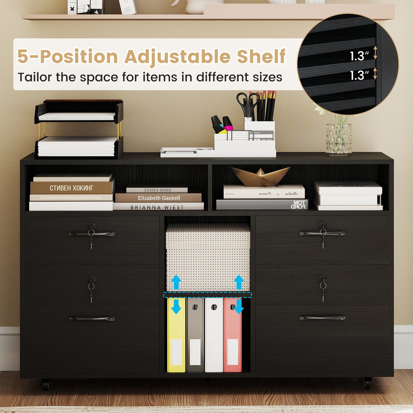 File Cabinet with Lock Mobile Lateral Filing Storage Organizer Modern Rolling Printer Stand-Black