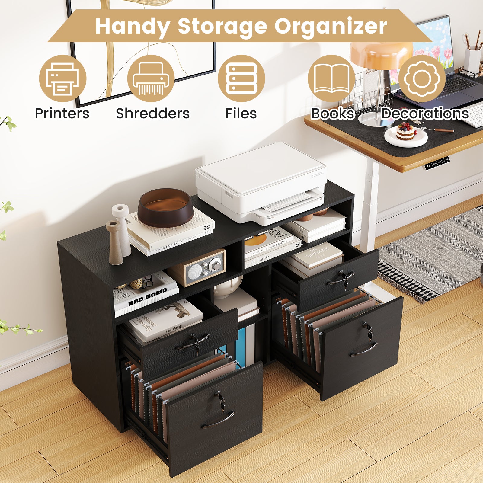 File Cabinet with Lock Mobile Lateral Filing Storage Organizer Modern Rolling Printer Stand-Black