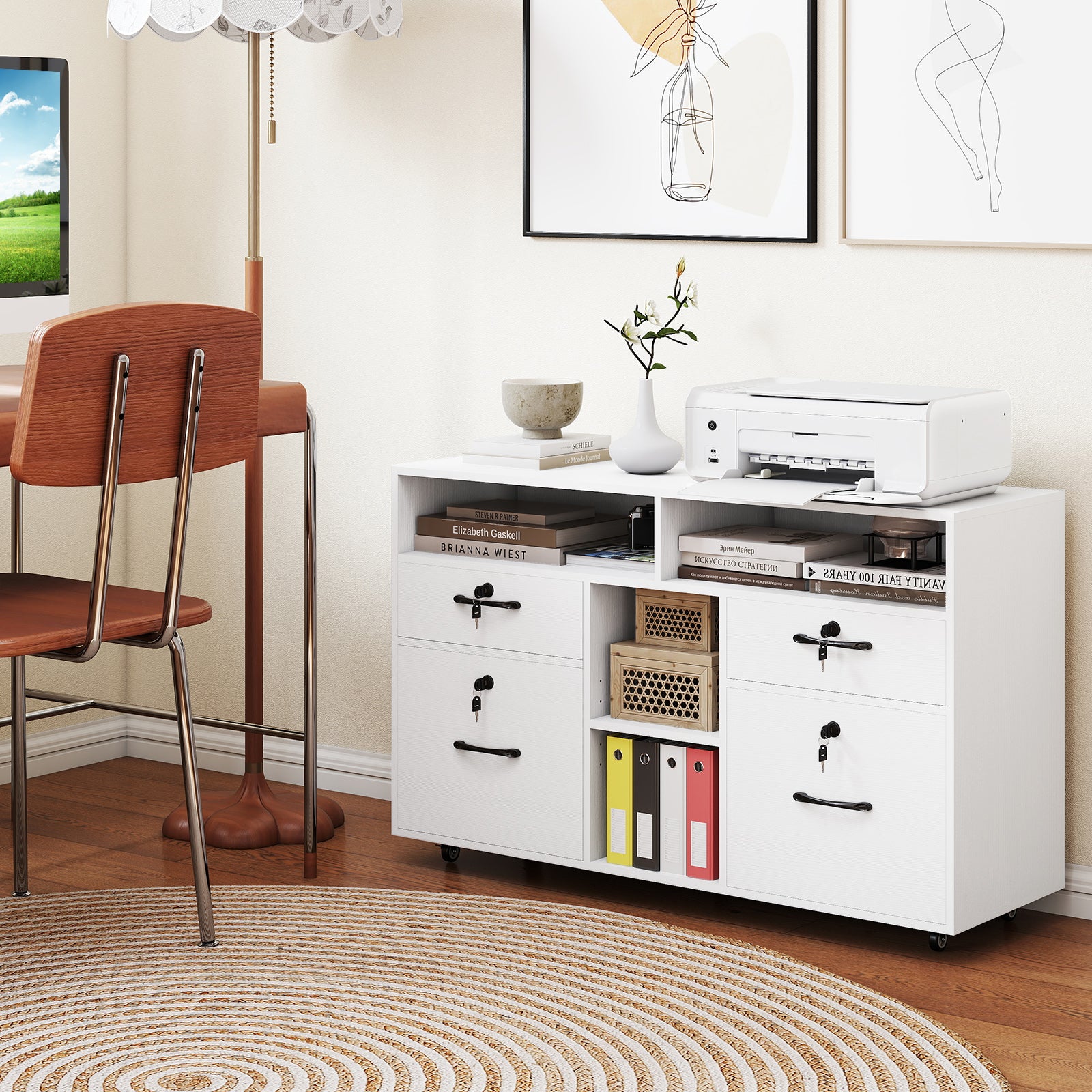File Cabinet with Lock Mobile Lateral Filing Storage Organizer Modern Rolling Printer Stand-White