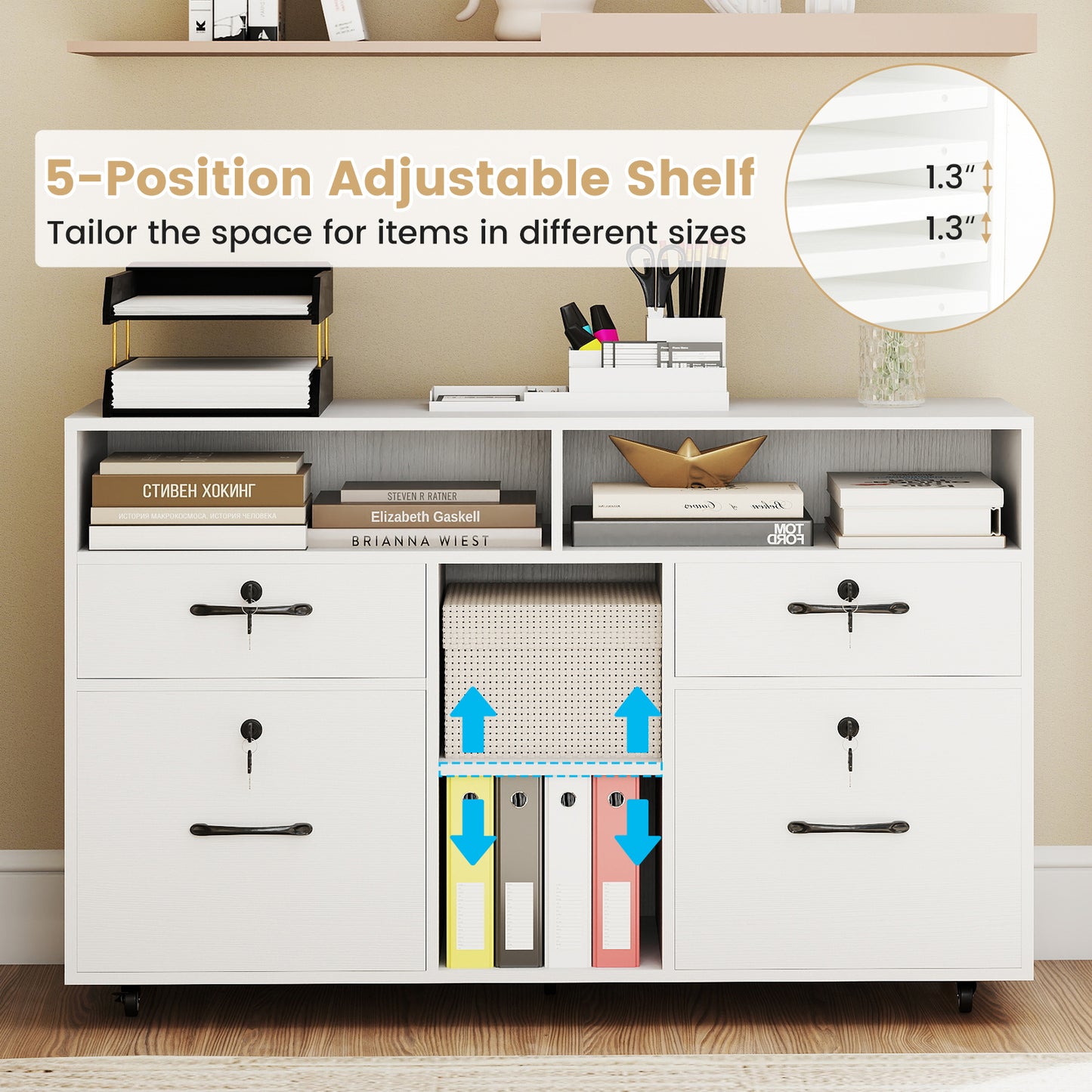 File Cabinet with Lock Mobile Lateral Filing Storage Organizer Modern Rolling Printer Stand-White
