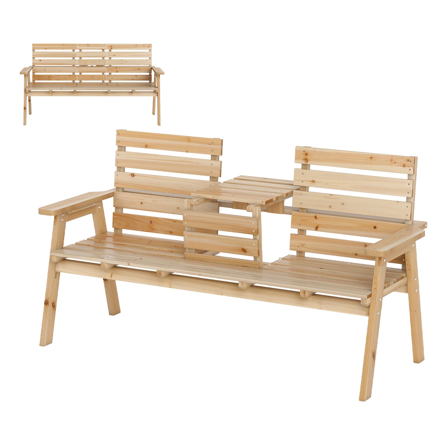 Outdoor Fir Wood Bench with Foldable Middle Table-Gray - Natural