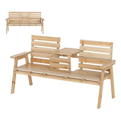 Outdoor Fir Wood Bench with Foldable Middle Table-Gray - Natural