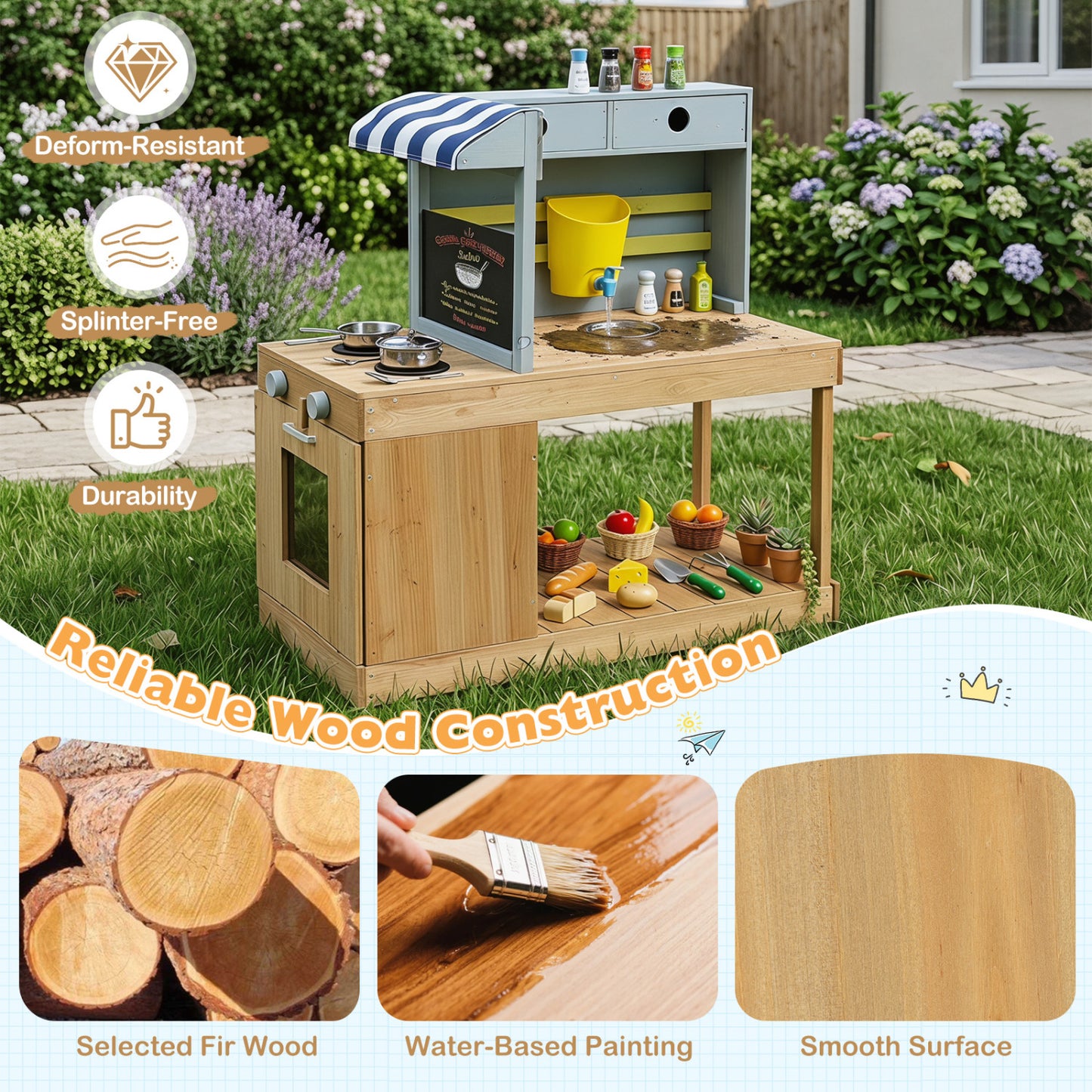 Kids Wooden Mud Kitchen Playset with Canopy and Faucet