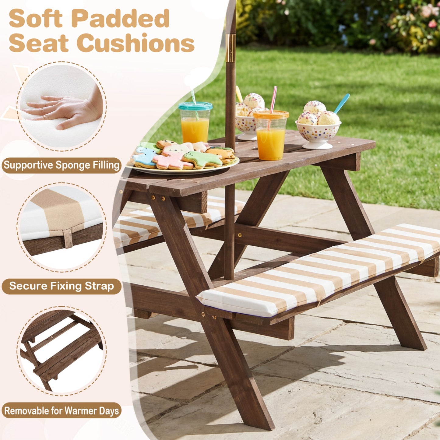 Fir Wood Kids Picnic Table with 2 Built-in Benches and Umbrella