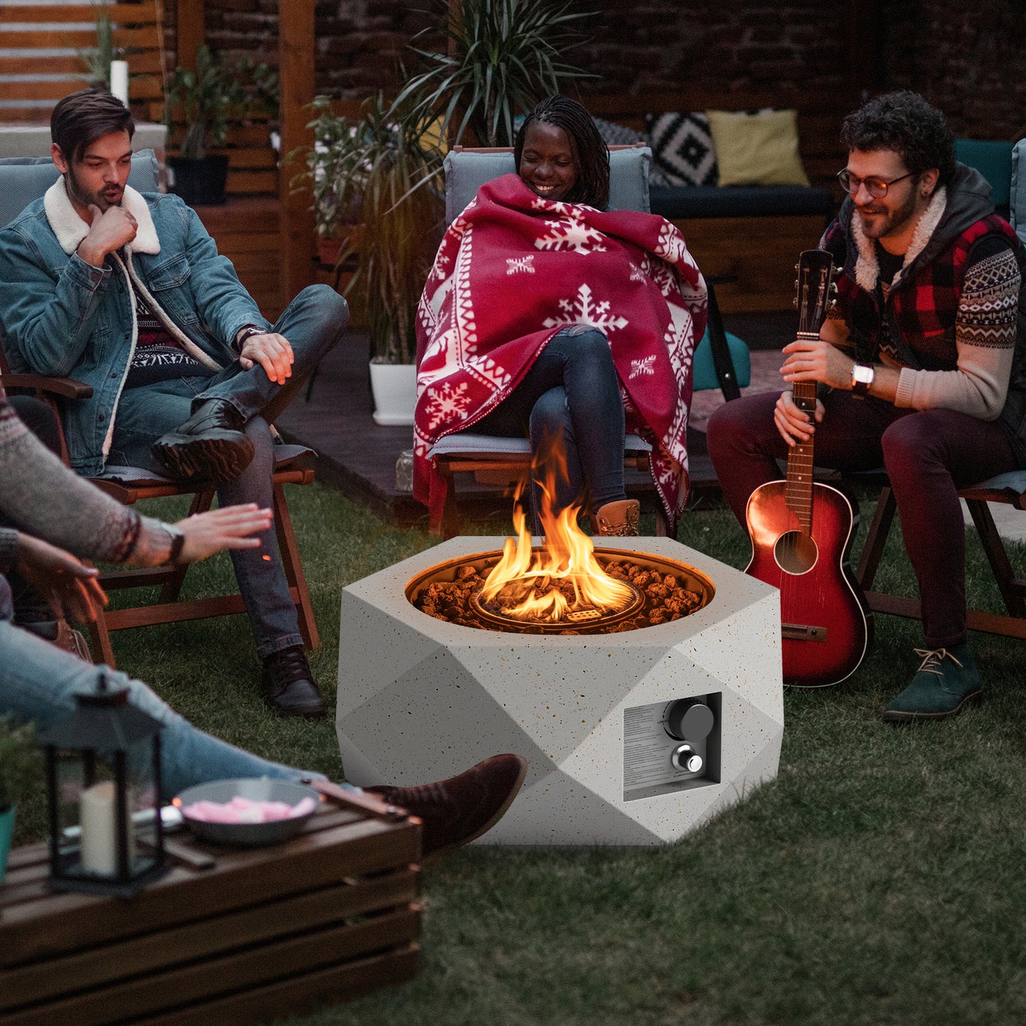 40000 BTU 28 Inch Hexagon Terrazzo Propane Fire Pit Table with Stainless Steel Burner