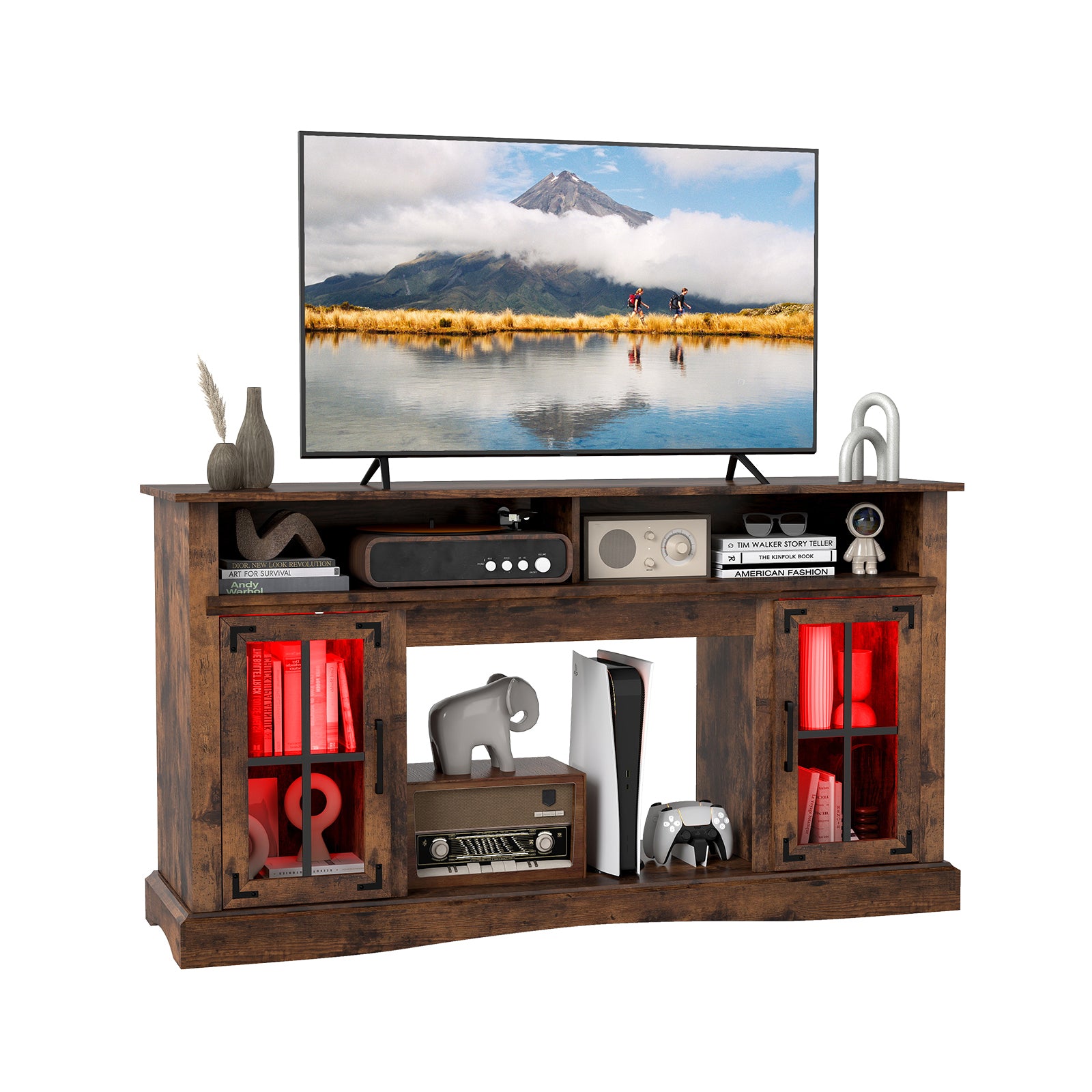 TV Stand with LED Lights and Remote Control-White - Rustic Brown