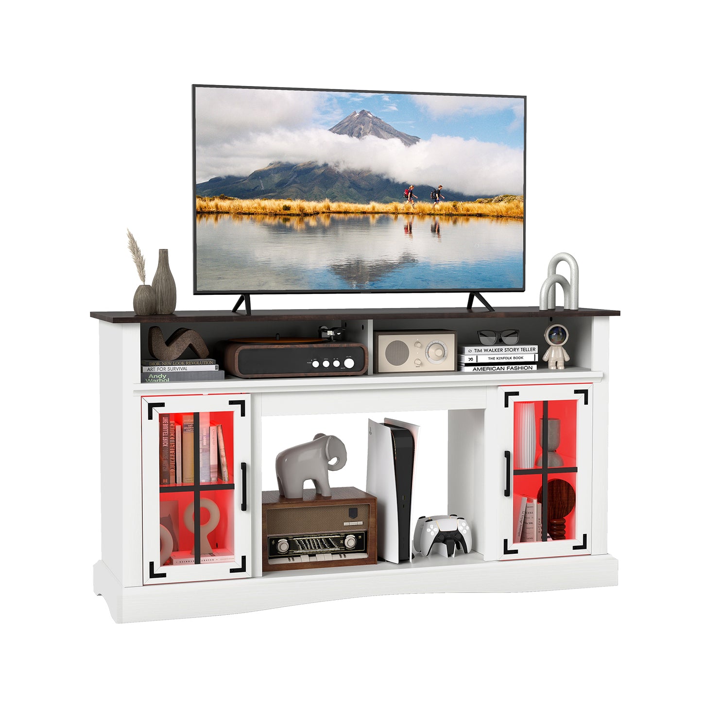 TV Stand with LED Lights and Remote Control-White - White