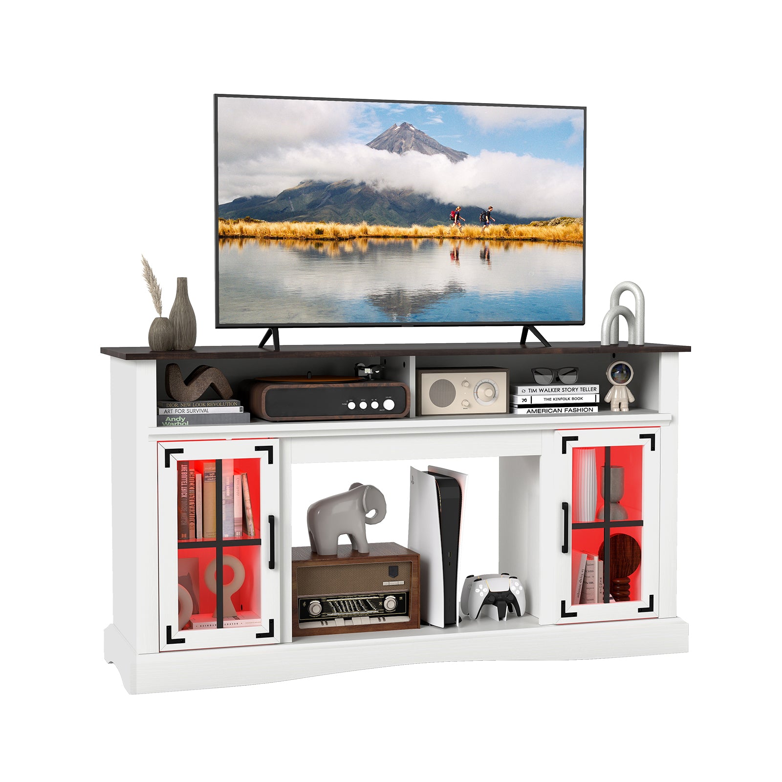 TV Stand with LED Lights and Remote Control-White - White