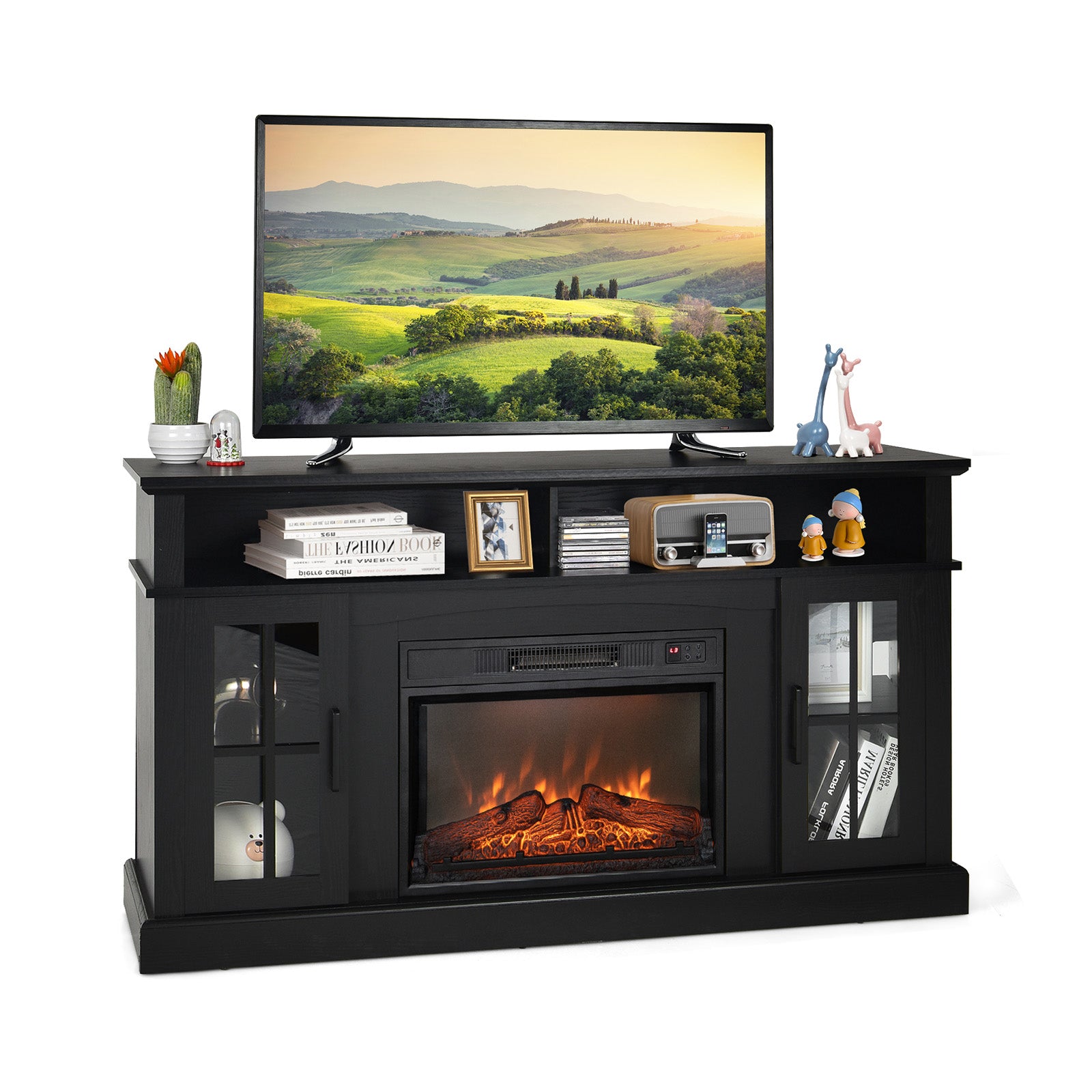 Fireplace TV Stand for TVs Up to 65 Inch with Side Cabinets and Remote Control-Brown - Black