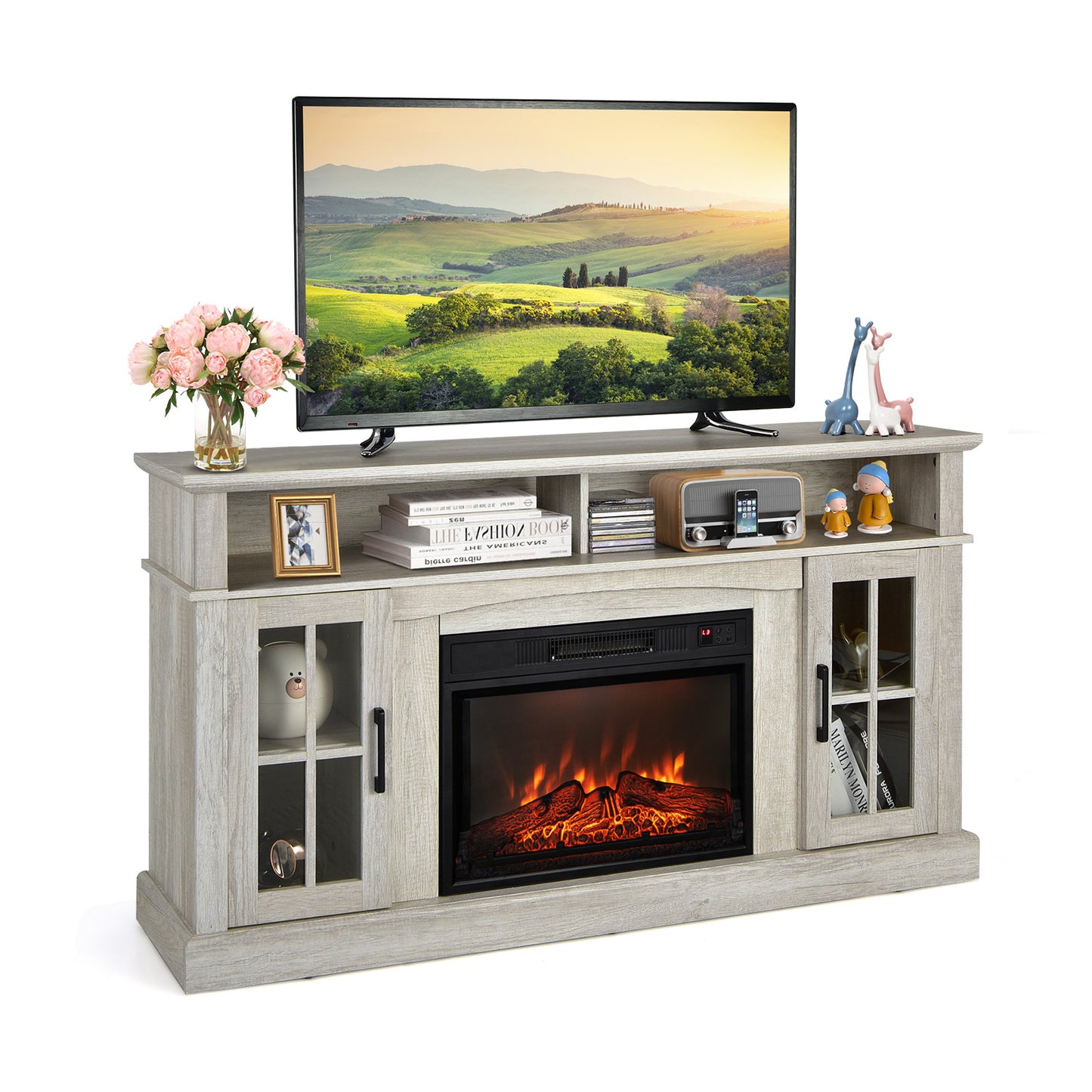 Fireplace TV Stand for TVs Up to 65 Inch with Side Cabinets and Remote Control-Brown - Gray