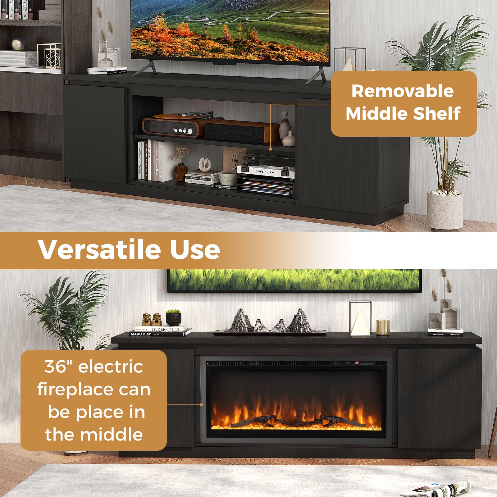 Fireplace TV Stand for TVs up to 80 Inch with 3 Adjustable Shelves-Black