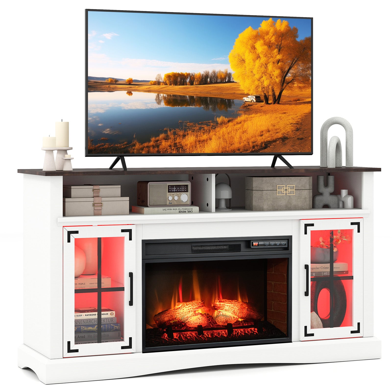 Fireplace TV Stand with Remote Controls and Thermostat for TVs Up to 50 Inch-White - White