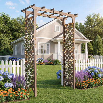 Garden Arch with Gate 85" Tall Wood for Climbing Plants