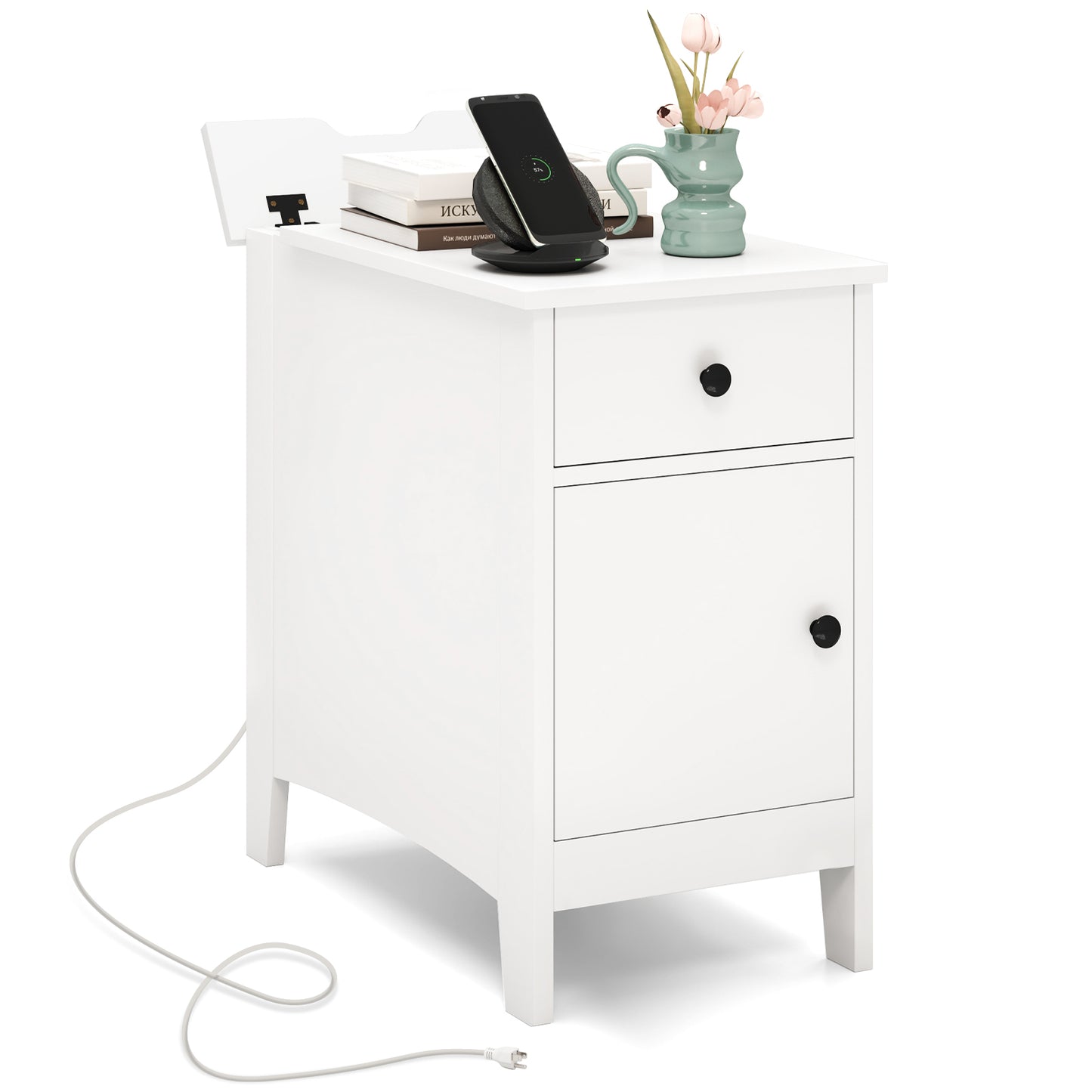 Flip Top End Table with Charging Station USB Ports Outlets and Drawer