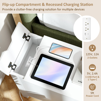 Flip Top End Table with Charging Station USB Ports Outlets and Drawer