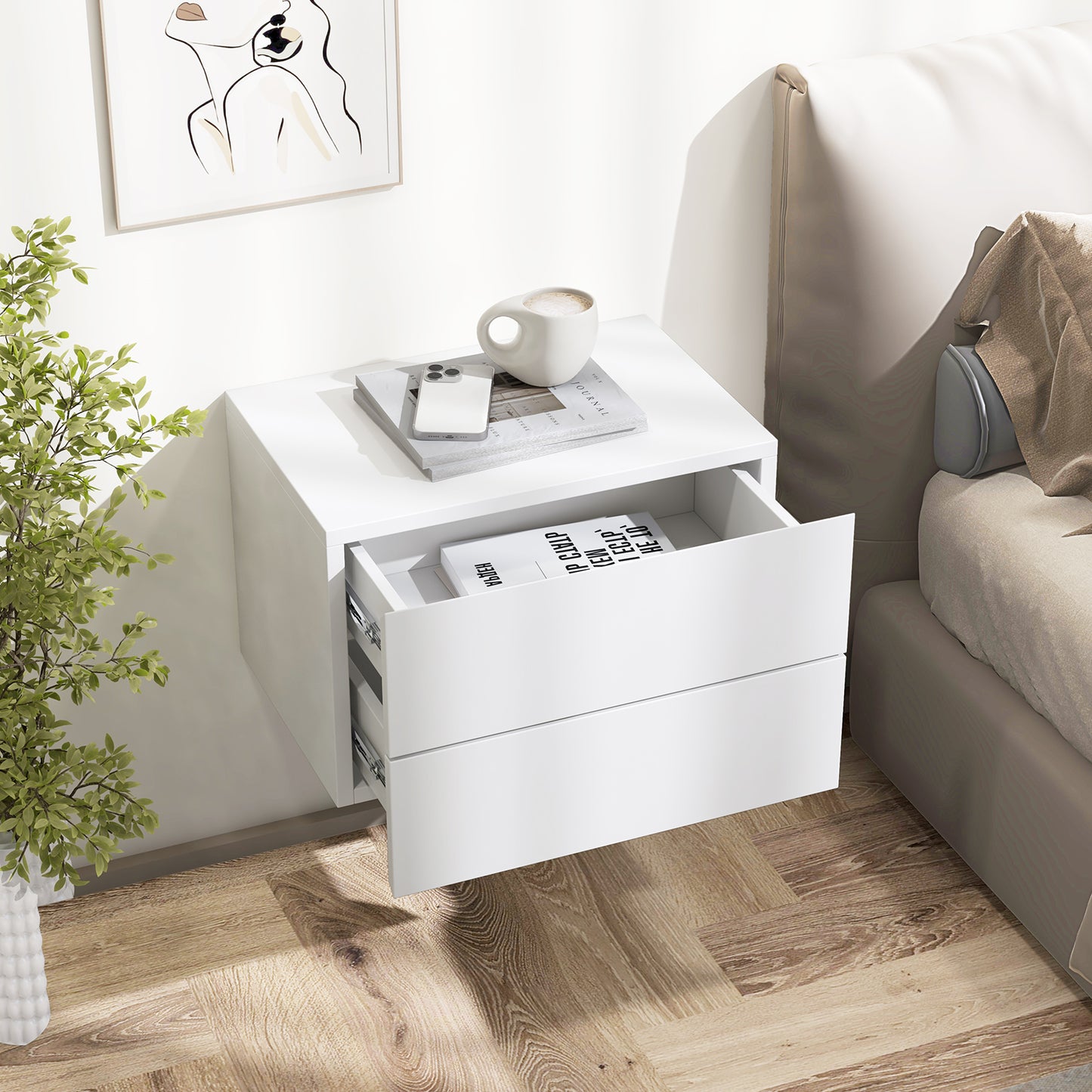 Floating Nightstand with Drawers and Storage Shelf-White