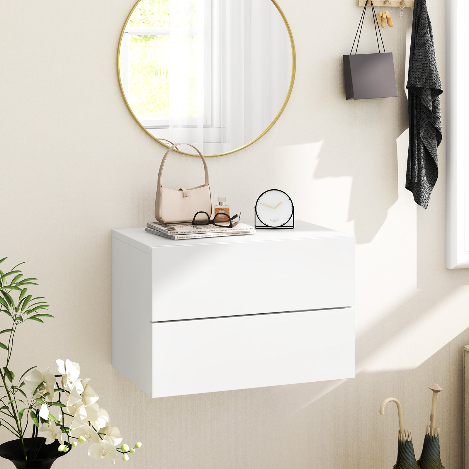 Floating Nightstand with Drawers and Storage Shelf-White