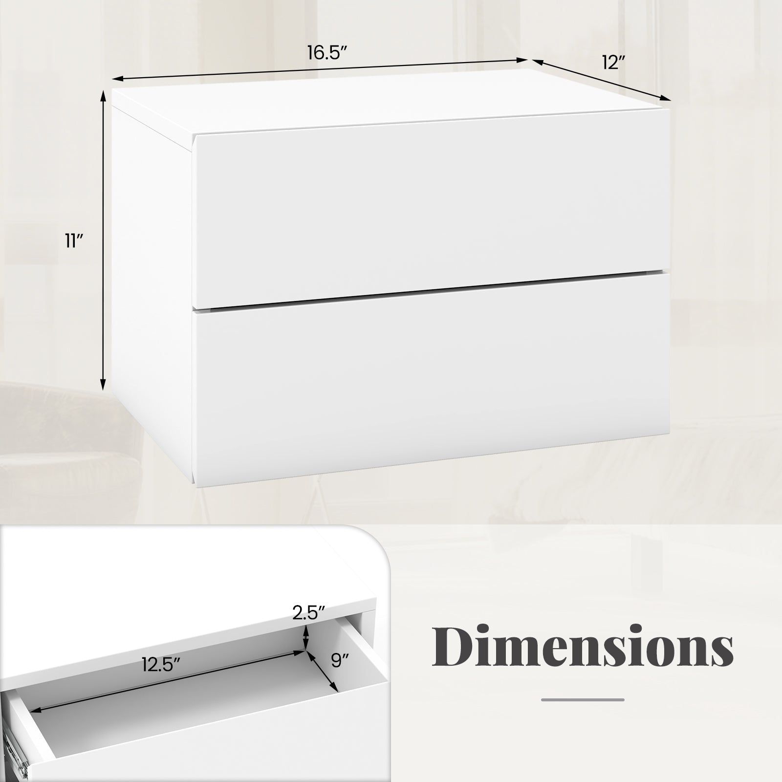 Floating Nightstand with Drawers and Storage Shelf-White