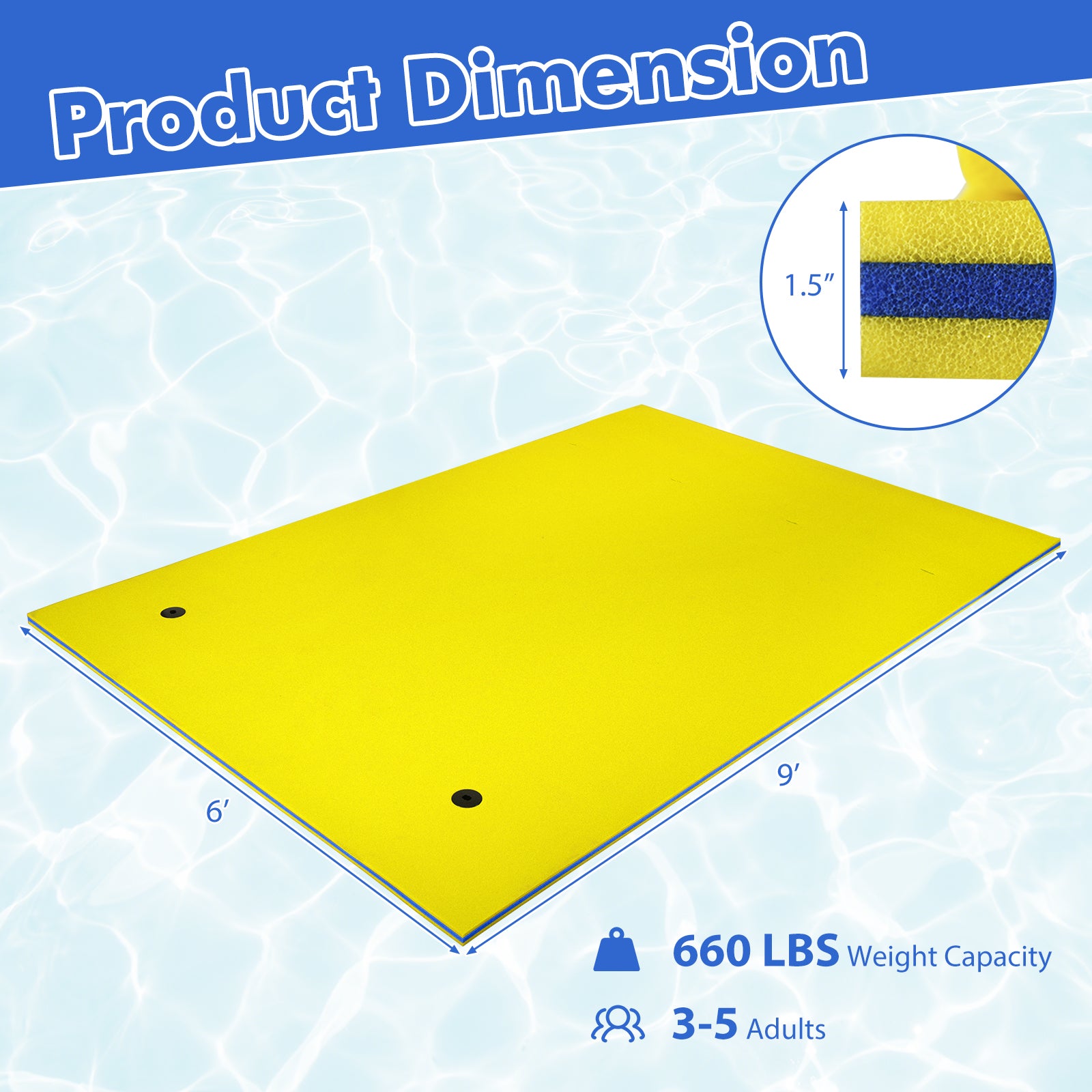 9' x 6' 3 Layer Floating Water Pad Foam Mat -Yellow - Yellow