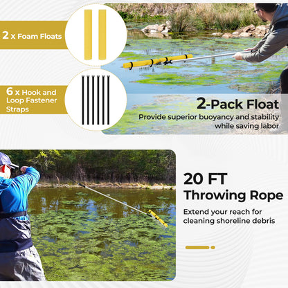 Floating Weed Lake Rake 36” Aquatic Pond Weed Cutter with Foam Floats