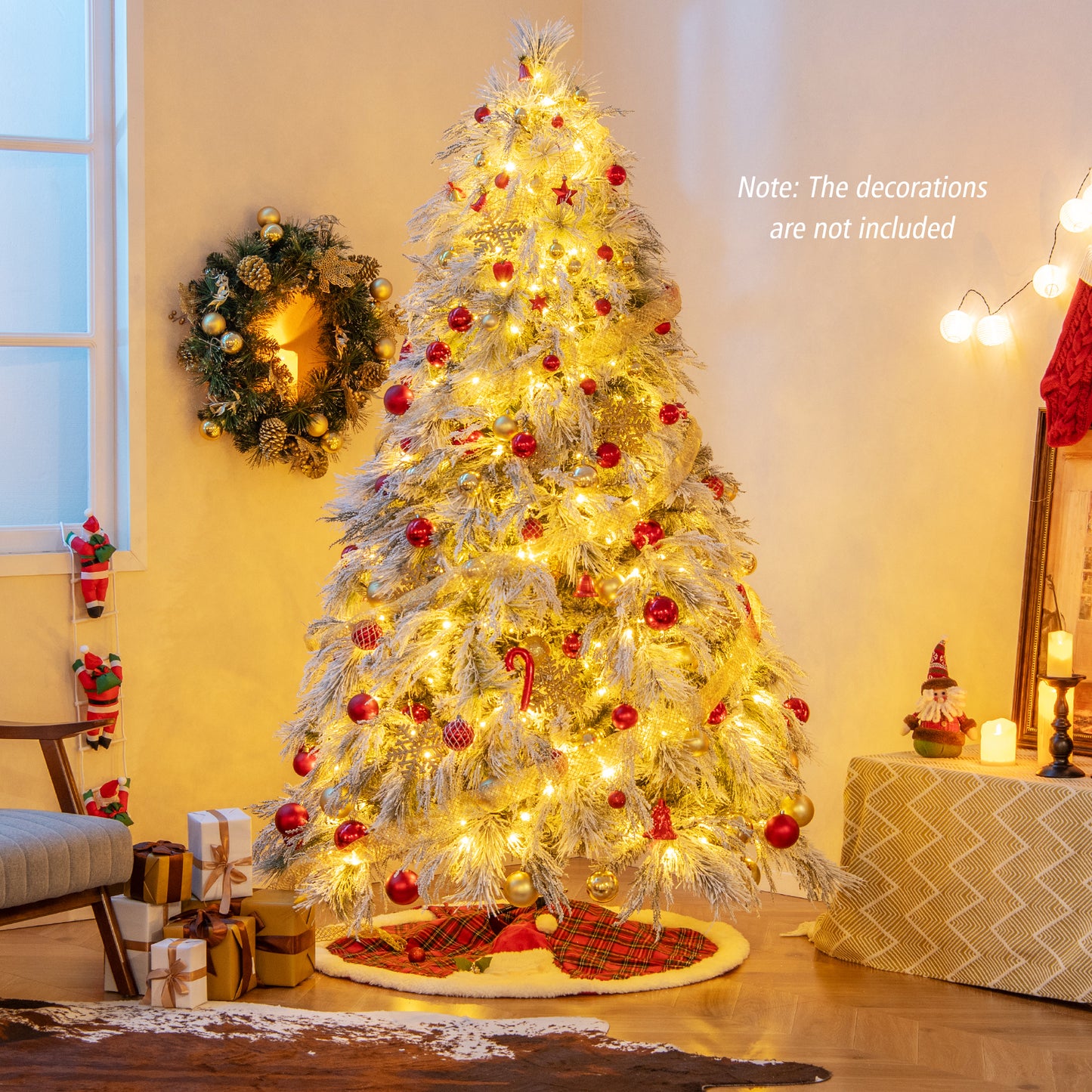 7 Feet Pre-Lit Snow Flocked Christmas Tree with Warm White LED Lights-7 ft
