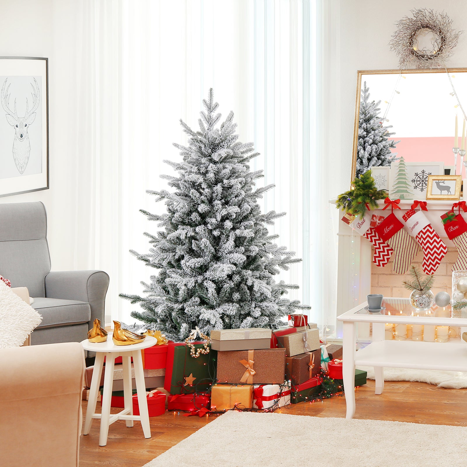 4.5 Feet Flocked Christmas Tree with 8 Lighting Modes and Multi-Color LED Lights-4.5 ft
