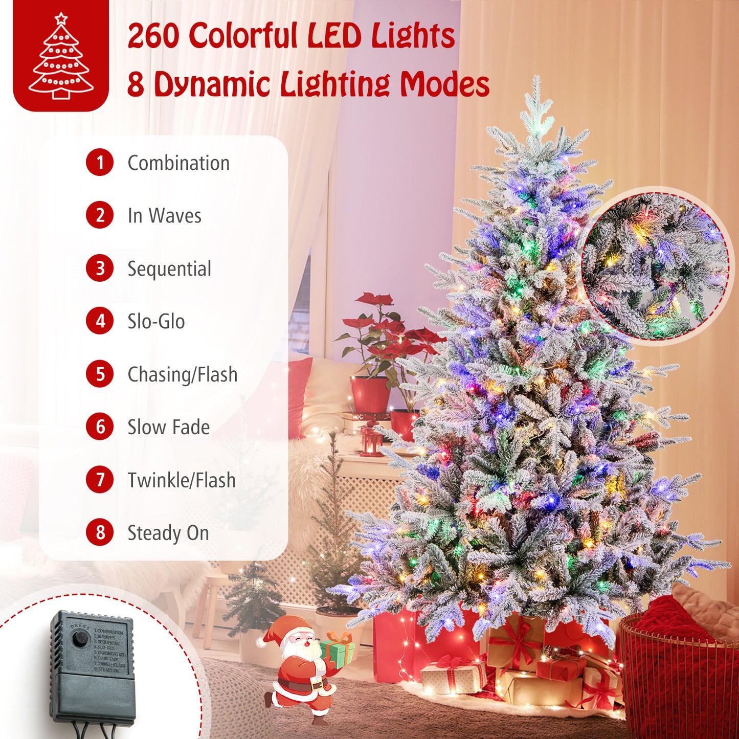 6 Feet Flocked Christmas Tree with 8 Lighting Modes and Multi-Color LED Lights-6 ft