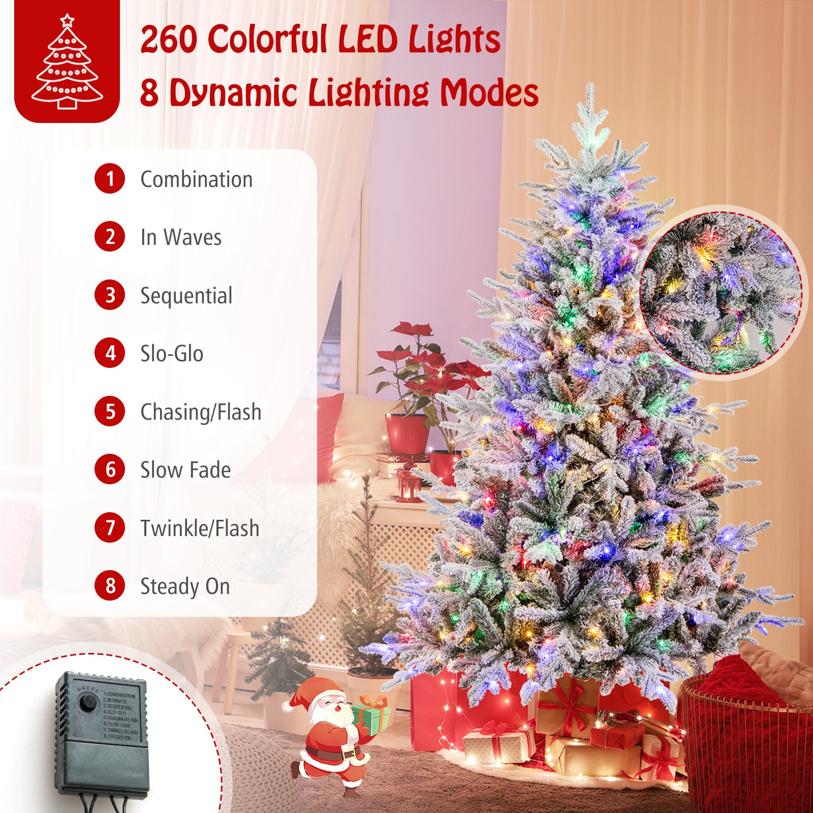 6 Feet Flocked Christmas Tree with 8 Lighting Modes and Multi-Color LED Lights-6 ft