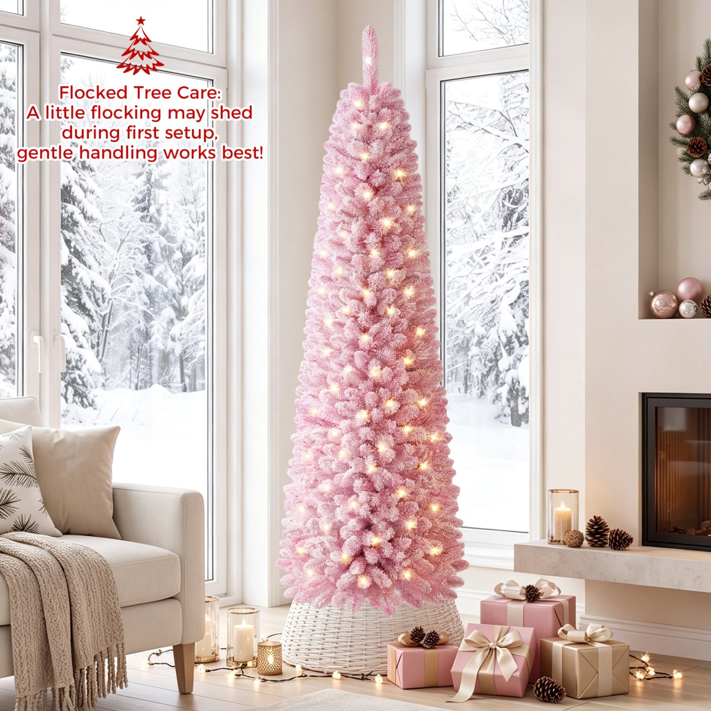 6 FT Pink Flocked Pre-Lit Pencil Christmas Tree with LED Lights