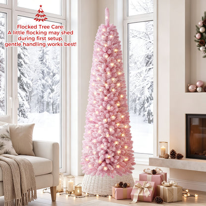 6 FT Pink Flocked Pre-Lit Pencil Christmas Tree with LED Lights