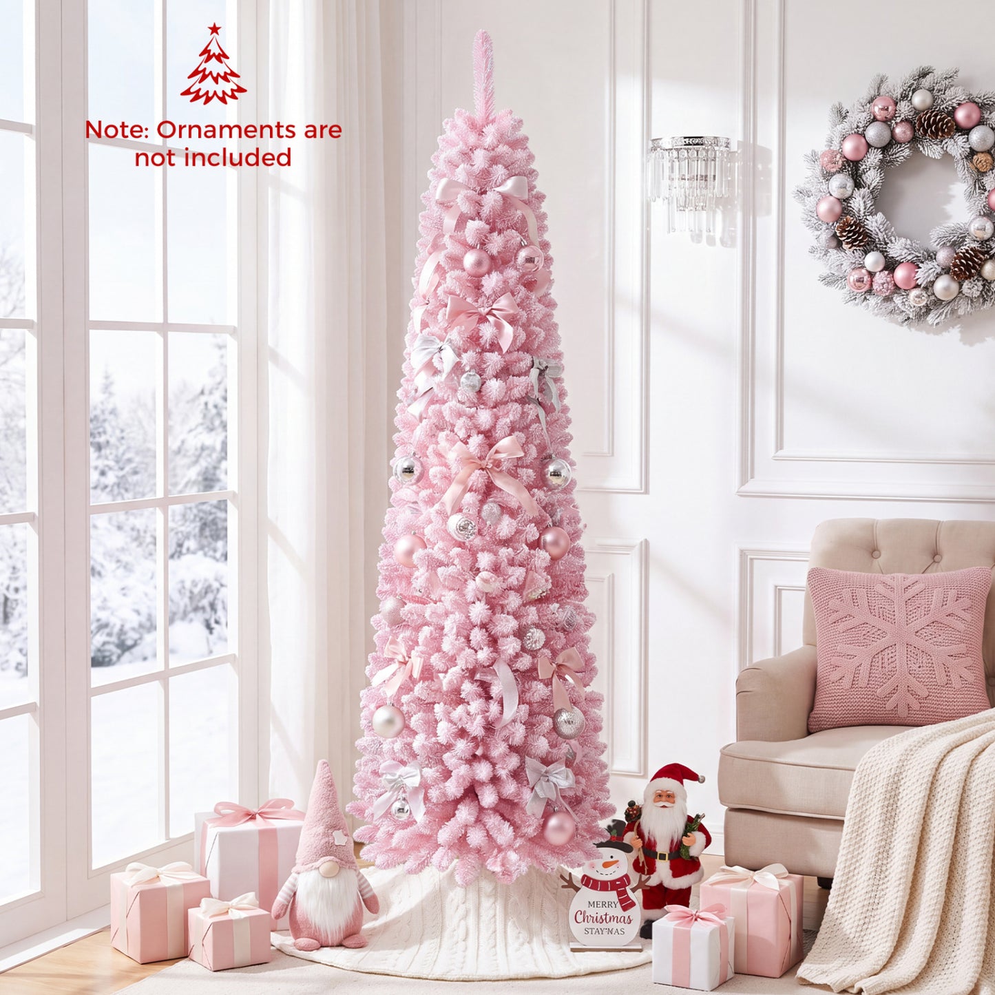 6 FT Pink Flocked Pre-Lit Pencil Christmas Tree with LED Lights